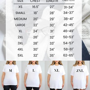 May include: Unisex t-shirt size chart with measurements in inches for chest, length, and chest to fit. The chart shows different fit options: fitted, regular, relaxed, and oversized. A model is wearing a size 10 t-shirt.