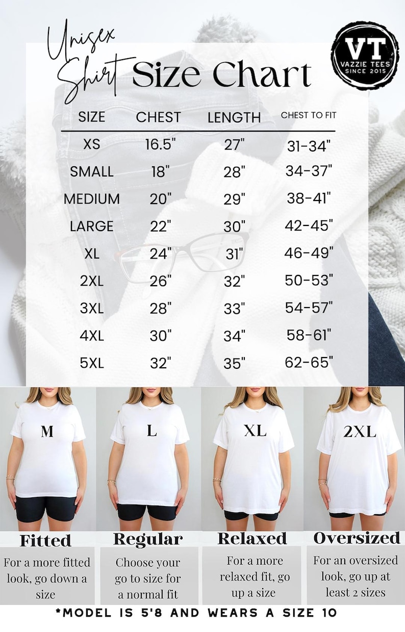 May include: Unisex t-shirt size chart with measurements in inches for chest, length, and chest to fit. The chart shows different fit options: fitted, regular, relaxed, and oversized. A model is wearing a size 10 t-shirt.