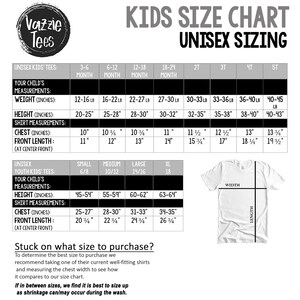 May include: A size chart for unisex kids' tees, showing measurements for weight, height, chest, and front length in inches. The chart includes sizes from 3-6 months to 5T. A white t-shirt is shown with the words "WIDTH" and "LENGTH" labelled on the shirt.