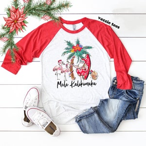 Mele Kalikimaka Shirt - Aloha Christmas Shirt - Hawaiian Christmas - Unisex Adult Raglan Shirts - Holiday Shirts - Christmas Flamingo