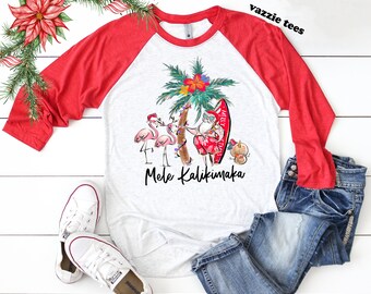 Mele Kalikimaka Raglan Shirt: Aloha Christmas Flamingo Tee