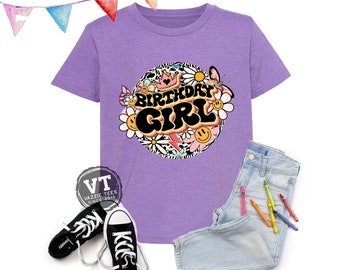 Birthday Girl Retro Shirt - Floral Retro Design - Birthday Girl Shirt - Retro Theme Birthday - Any Age Birthday Shirt - Girls' Birthday