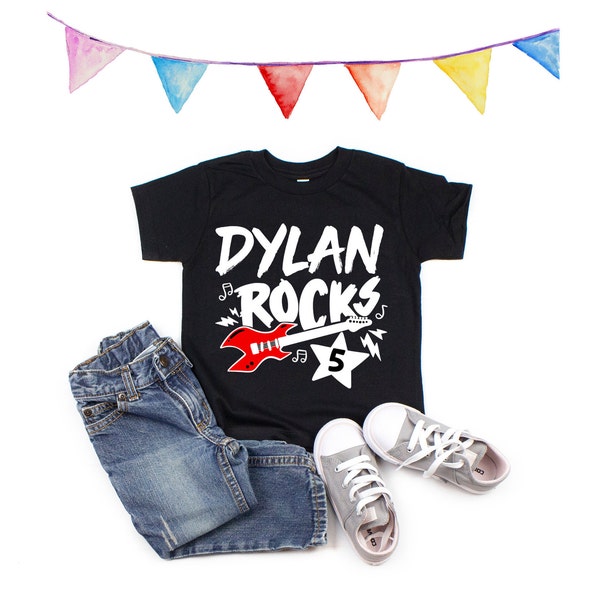 Rock N' Roll Birthday Shirt - Personalized Birthday Shirt - ANY AGE - Unisex Kids' Shirts - One Rocks - Two Rocks - Guitar Birthday Shirt