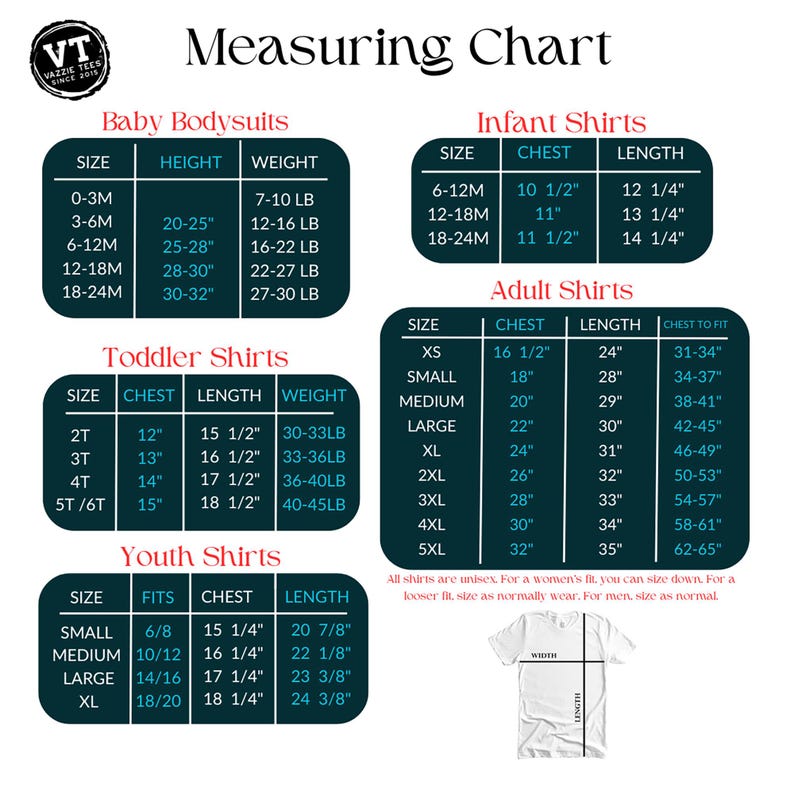 May include: A white measuring chart for baby, infant, toddler, youth, and adult shirts and bodysuits. The chart includes size, chest, length, weight, and fit measurements in inches and pounds. The text "VAZZIC TEES SINCE 2015" is in the upper left corner.