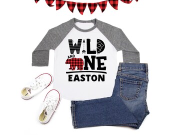 Wild One Bear 1st Birthday Shirt: Buffalo Plaid Lumberjack Party