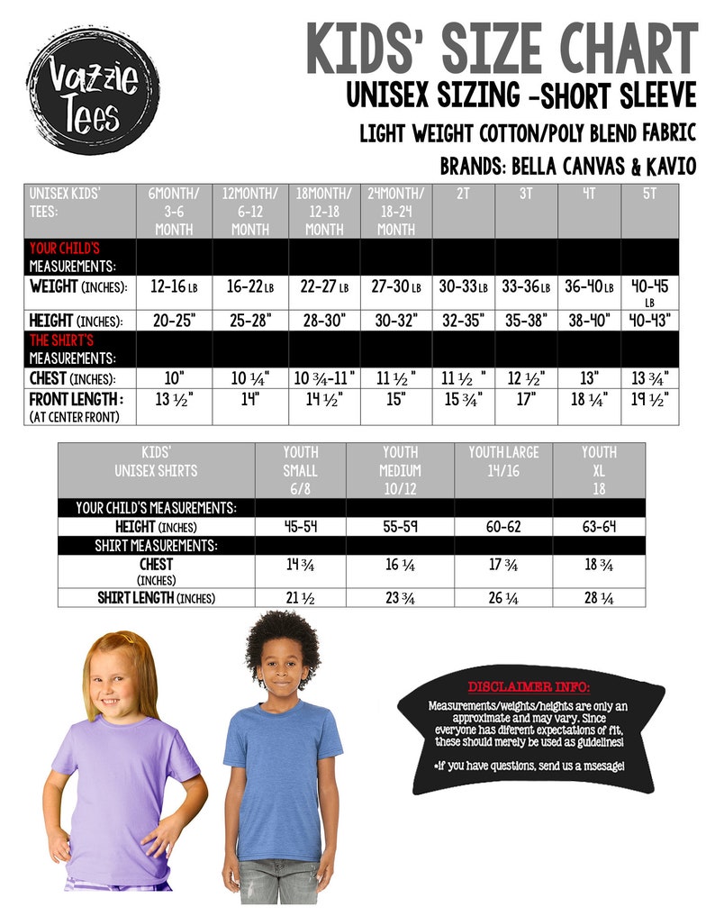 Puede incluir: Tabla de tallas para ni&ntilde;os para camisas unisex de manga corta. La tabla muestra las medidas de peso, altura, pecho y largo de la camisa en pulgadas. La tabla tambi&eacute;n incluye recomendaciones de talla para tallas de j&oacute;venes, de 6/8 a XL. La tabla incluye dos im&aacute;genes de ni&ntilde;os usando camisas.