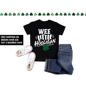Wee Little Hooligan Shirt - Unisex Kids' Shirts - Shamrock Hooligan Holiday Shirts - Green Buffalo Plaid Clover - St Patricks Day Shirts