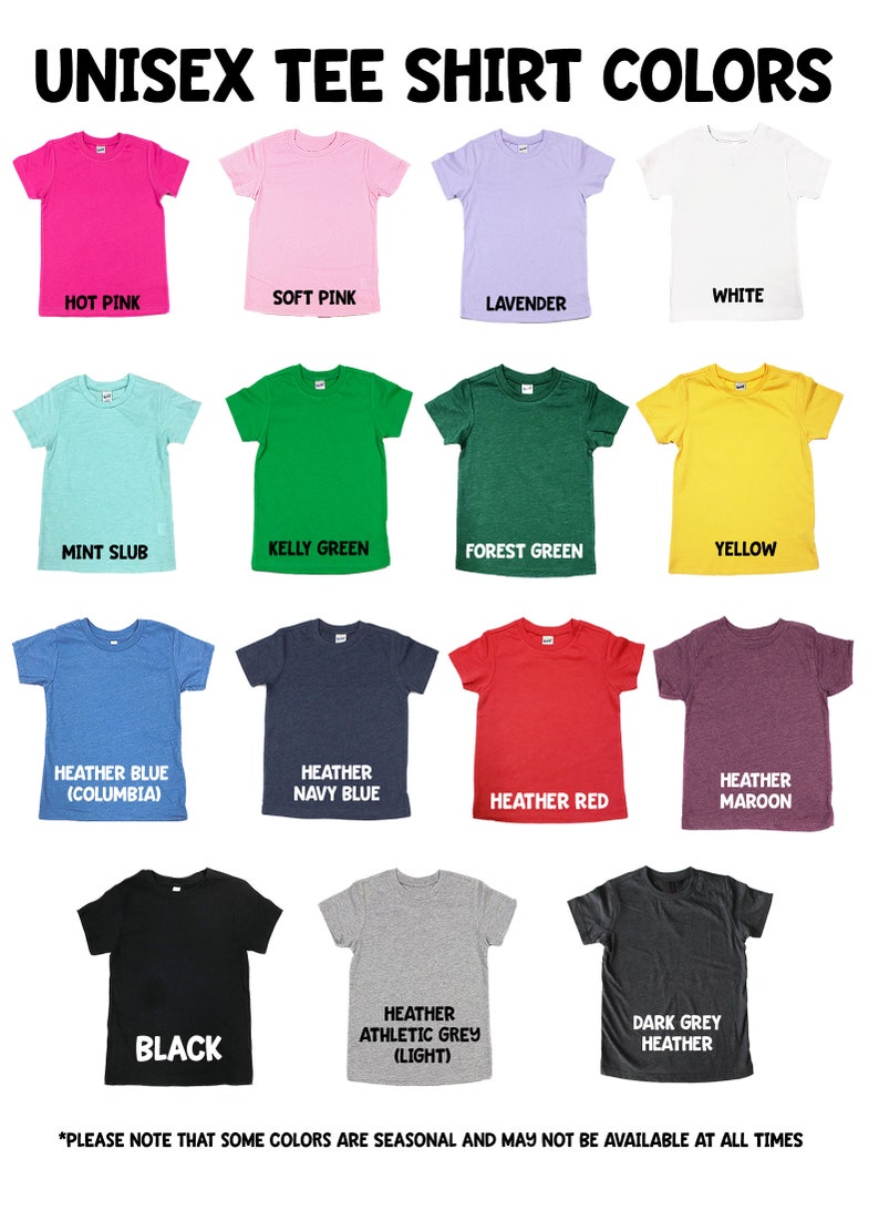 Puede incluir: Un gr&aacute;fico que muestra los colores de camisetas unisex. Los colores incluyen rosa intenso, rosa suave, lavanda, blanco, menta jaspeado, verde kelly, verde bosque, amarillo, azul jaspeado (Columbia), azul marino jaspeado, rojo jaspeado, marr&oacute;n jaspeado, negro, gris jaspeado atl&eacute;tico (claro) y gris oscuro jaspeado. El texto en la parte inferior del gr&aacute;fico dice "*Tenga en cuenta que algunos colores son de temporada y es posible que no est&eacute;n disponibles en todo momento."