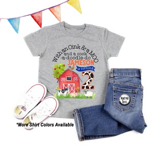 With an Oink and a Moo Farm Birthday Shirt - Personalized - Farm Theme Birthday - Two Year Old - 2nd Birthday - TWO - Unisex Kids' Shirts