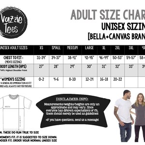 May include: A unisex sizing chart for Bella + Canvas brand t-shirts. The chart shows chest to fit measurements in inches, body length in inches, and corresponding women's sizing in numerical ranges. The chart includes sizes from XS to 4XL.