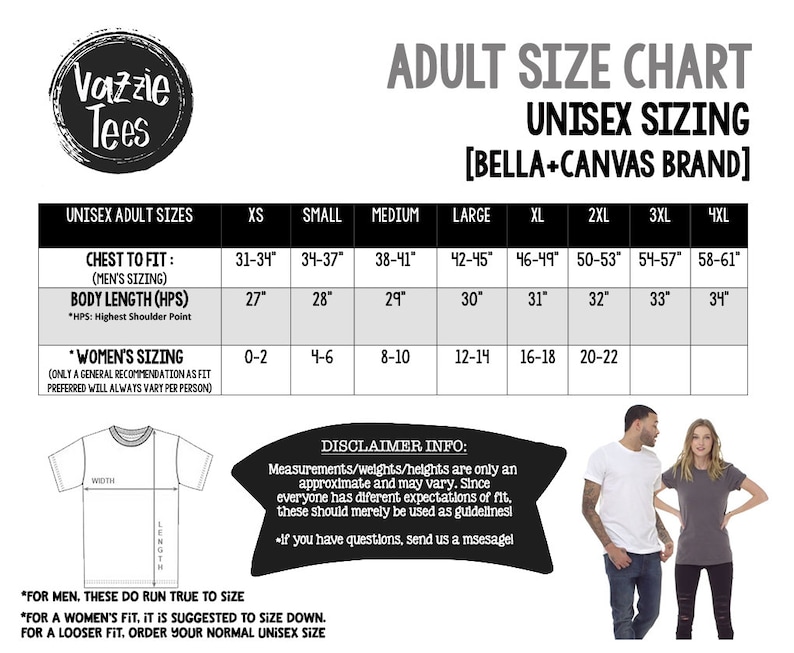May include: A unisex sizing chart for Bella + Canvas brand t-shirts. The chart shows chest to fit measurements in inches, body length in inches, and corresponding women's sizing in numerical ranges. The chart includes sizes from XS to 4XL.