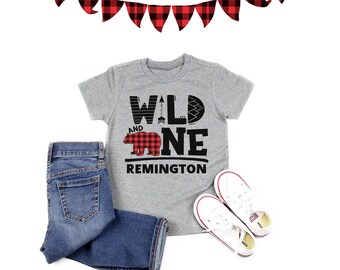 Wild ONE Bear 1st Birthday Shirt: Buffalo Plaid Lumberjack Party, Personalized