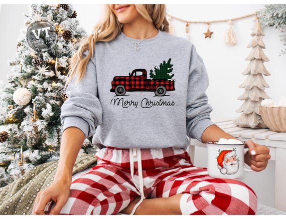 Buffalo Plaid Christmas Truck Shirt - Christmas Plaid Truck Pullover - Unisex Adult Sweatshirts - Christmas Tree Shirt- Christmas Pullovers