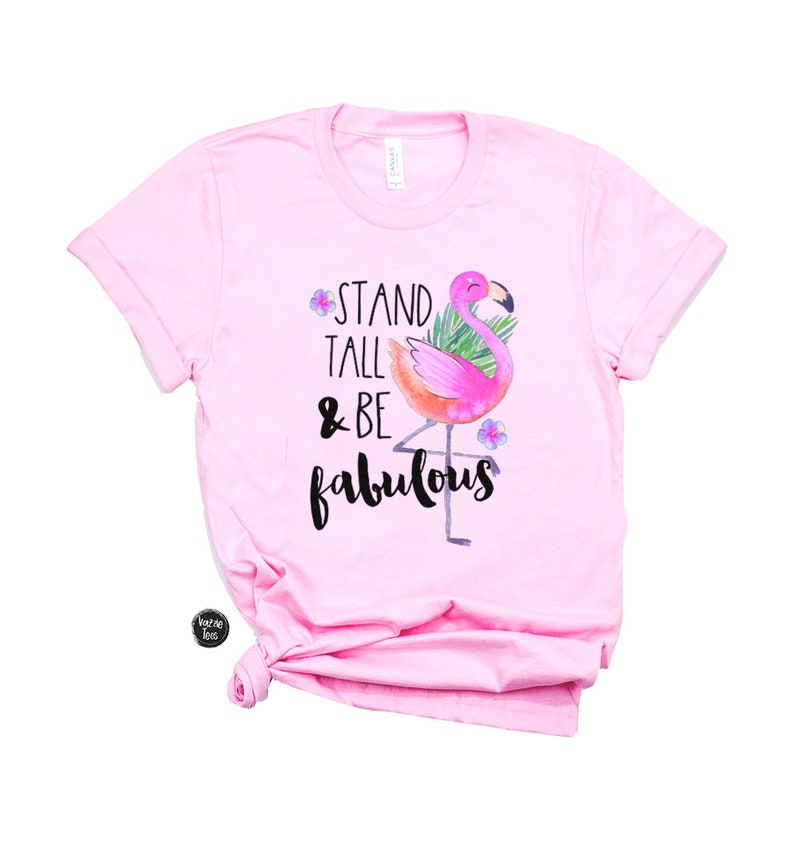 May include: Pink t-shirt featuring a flamingo graphic and the text "Stand Tall & Be Fabulous".