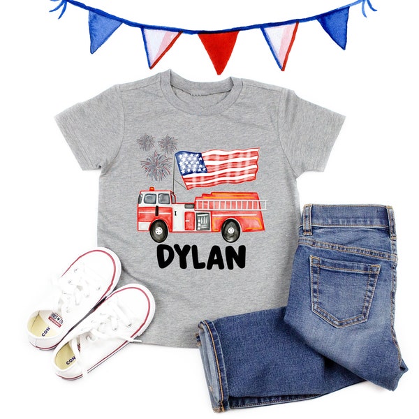 Patriotic Firetruck Shirt - Personalized - Unisex Kids Shirts - Firetruck Shirts - 4th of July Firetruck - Memorial Day - Independence Day