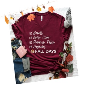 I Love Fall Days Shirts - Unisex V Neck Adult Shirts - Fall Shirts for Women - Donuts Apple Cider Pumpkin Patch Hayrides - Basic Fall Shirts