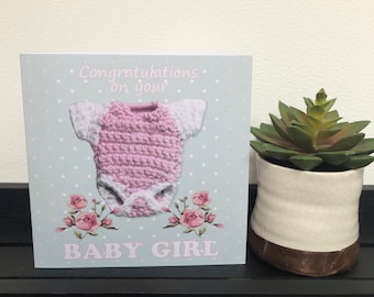 Baby Girl Onesie Card – Crochet Inspired Print, Glitter Sparkle, Unique Baby Shower Card