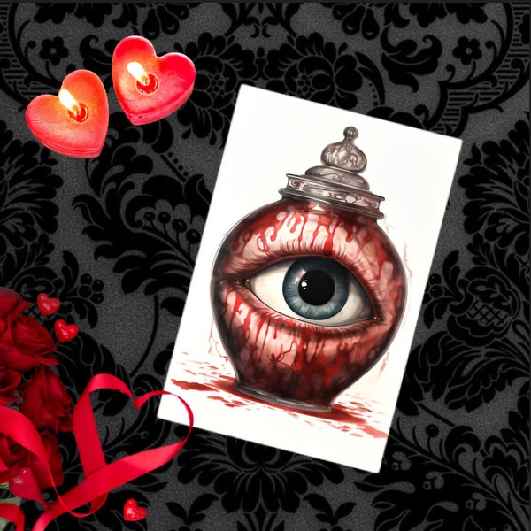 Eyeball Oddities Greeting Card - Gothic Valentine - Valloween Card - Gothic Anniversary - Medical Oddities Card - Bloody Valentine Card