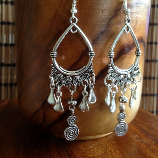 Boho Earrings Long Drop Dangle Chandelier Tribal Hoop  Spiral Bohemian Gypsy Ethnic Festival Hypoallergenic Sterling Silver UK