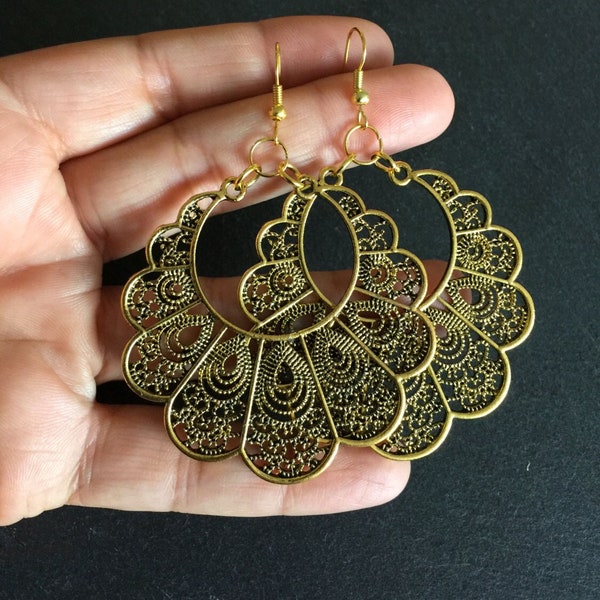 Large Vintage Style Mandala Filigree 14K Gold Hoop Earrings Tribal Boho Bohemian Ethnic Gypsy Festival