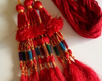 Trenzas de cabello, borlas, rojo, oro, danza del vientre tribal, adornos para el cabello, cabello tribal, traje de danza del vientre, extensión de cabello boho, cuentas