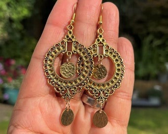 Boho Earrings Gold Tribal, Ethnic , Boho, Bohemian, Gypsy, Dangle, 14K Gold UK