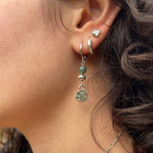 Boho Earrings, Green, Silver, Hammered, Bohemian, Ethnic, Tribal, Hypoallergenic, Sterling Silver, UK