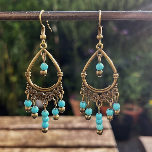Ethnic Chandelier Earrings, Boho Long Drop Turquoise, Bohemian Tribal, Bronze Dangle UK