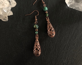 Copper Dangle Earrings, Teardrop, Turquoise Jewellery, Rustic, Bohemian, Ethnic, Hippy, Festival