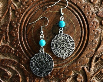 Boucles d'oreilles Boho, Gouttes de disques en argent turquoise, Mandala Boho, Gitan ethnique, Argent sterling