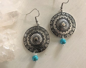 Round, Silver earrings, Bohemian, Ethnic, Boho, Tribal, Turquoise, Mandala, Hypoallergenic, Sterling Silver