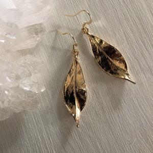 Leaf Earrings Feather Gold Jewellery Long Drop 14K Ethnic Boho Bohemian Festival Tribal