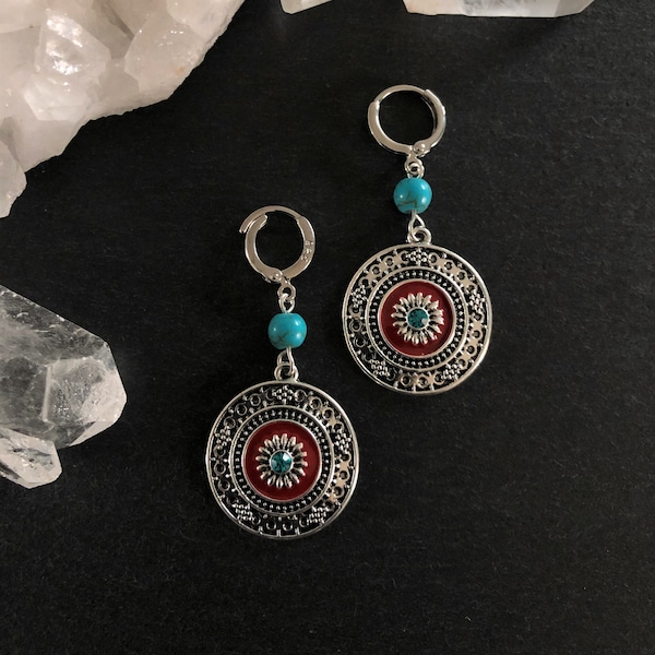 Mexican Art Inspired Silver Disc Boho Earrings, Turquoise, Bohemian, Ethnic, Gypsy, Long Drop, Hypoallergenic, Sterling Silver