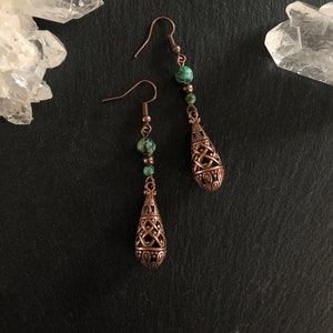 Copper Dangle Earrings, Teardrop, Turquoise Jewellery, Rustic, Bohemian, Ethnic, Hippy, Festival