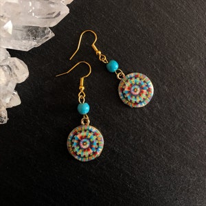 Rainbow Mandala Round Gold, Boho Earrings Turquoise, Tribal, Ethnic, Bohemian, Gypsy, Festival, 14K Gold, Light, UK image 3