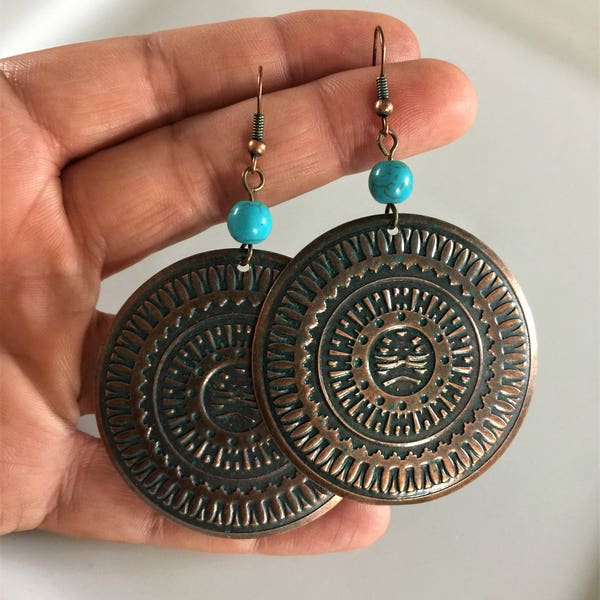 Africa Style Large Disc Earrings, Bronze, Turquoise,  Bohemian, Ethnic, Boho, Mandala, Tribal earrings, UK