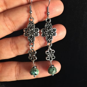 Floral Inspired Turquoise Drop Boho Earrings, Turquoise Jewellery, Bohemian, Gothic, Tribal, Hypoallergenic, Sterling Silver