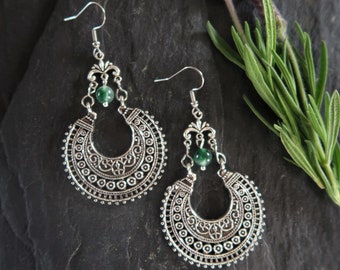 Green Boho Earrings, Silver, Turquoise, Bohemian, Tribal, Gypsy, Ethnic, Silver Long Drop Dangle, Hypoallergenic, Sterling Silver