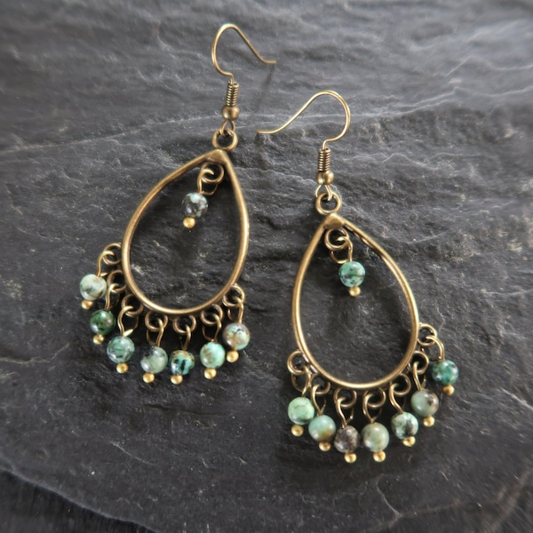 Bronze Boho Earrings, African Turquoise, Ethnic, Bohemian, Chandelier, Tribal