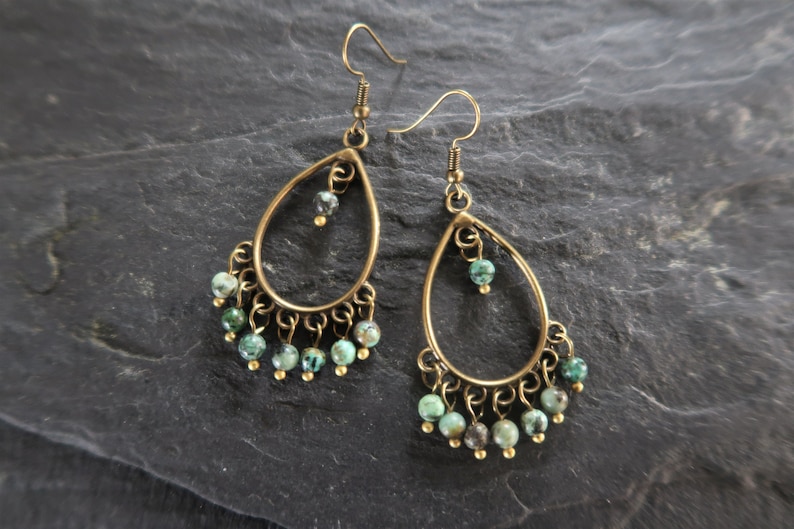 Bronze Boho Earrings, African Turquoise, Ethnic, Bohemian, Chandelier, Tribal image 1