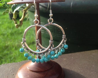 Silver Bali Hoop Earrings, Turquoise earrings, Turquoise Jewellery, Ethnic, Tribal, Hippie, Gypsy, Hypoallergenic, Sterling Silver