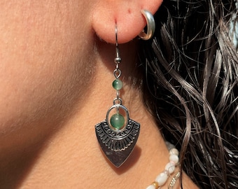 Boho Earrings, Green, Bohemian, Ethnic, Chandelier, Tribal, Long Drop, Dangle, Hypoallergenic, Sterling Silver, UK