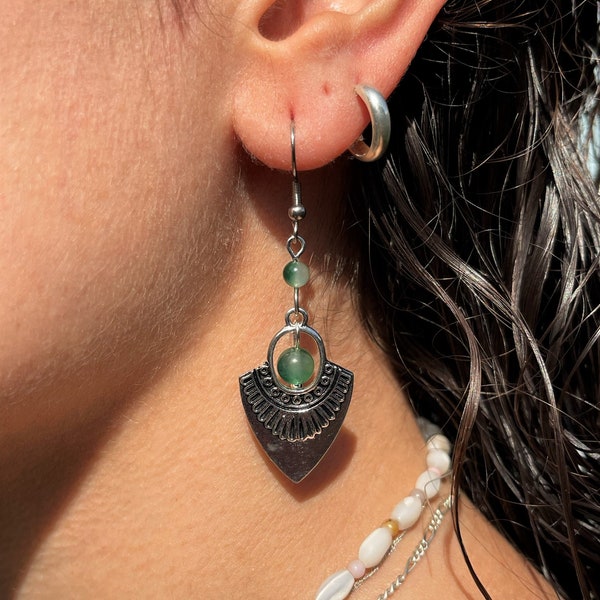 Boho Earrings, Green, Bohemian, Ethnic, Chandelier, Tribal, Long Drop, Dangle, Hypoallergenic, Sterling Silver, UK