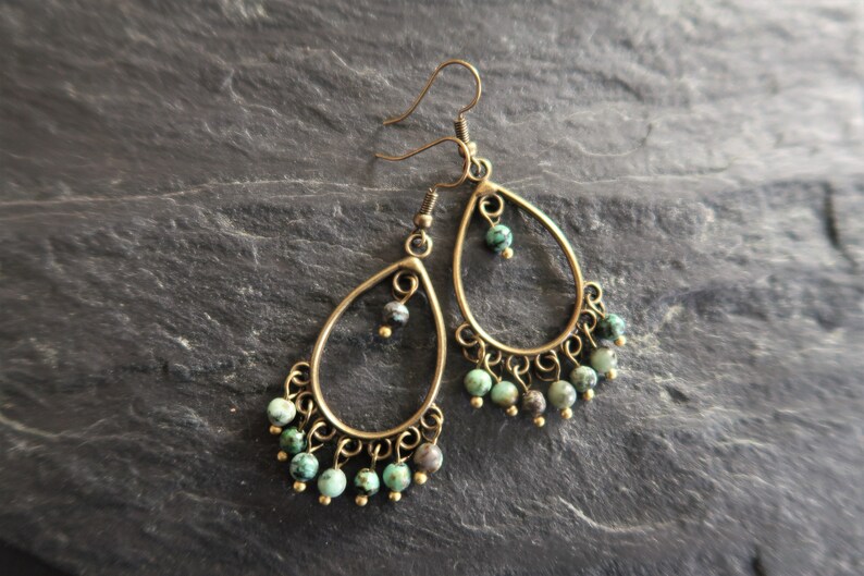 Bronze Boho Earrings, African Turquoise, Ethnic, Bohemian, Chandelier, Tribal image 7