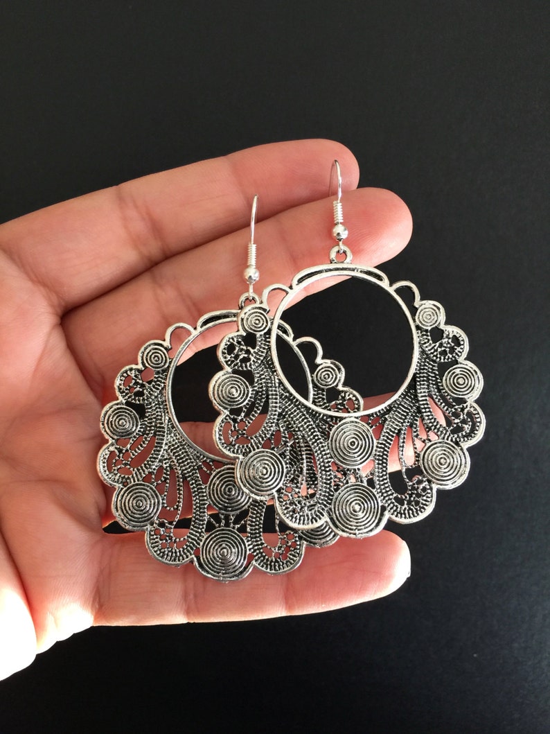 Bohemian Festival Tribal Large Vintage Style Silver Boho Earrings Mandala Gypsy Hypoallergenic Sterling Silver UK Ethnic