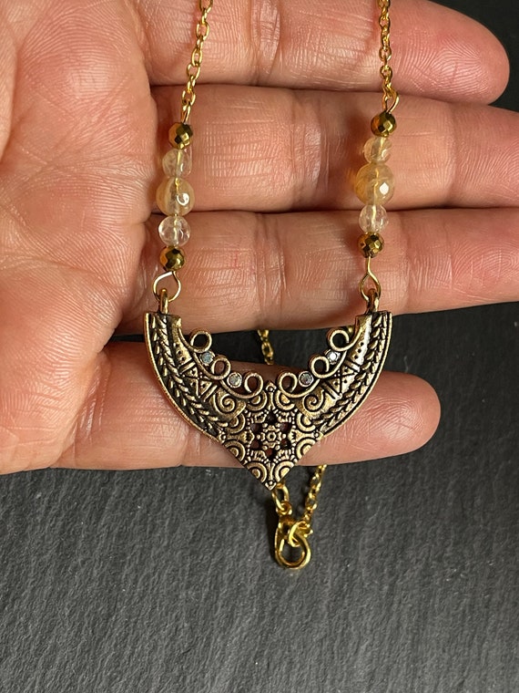 Gold Boho Necklace Set, Ethnic, Bohemian Mandala Statement Pendant Large Gift UK