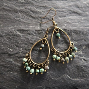 Bronze Boho Earrings, African Turquoise, Ethnic, Bohemian, Chandelier, Tribal image 3