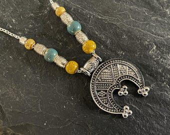 Boho Necklace for women, Large Necklace, Blue, Ethnic, Bohemian Antique Necklaces, Statement Pendant, Ethnic Necklace, Gift Her UK