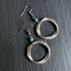 Turquoise Silver Boho Earrings, Long Drop, Hoop, Ethnic, Tribal, Hippie, Gypsy, Bohemian, Gift, UK image 1