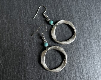 Turquoise Silver Boho Earrings, Long Drop, Hoop, Ethnic, Tribal, Hippie, Gypsy, Bohemian, Gift, UK